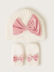 Monsoon Natural Baby Velvet Bow Knit Hat and Mittens Set - Image 1 of 3