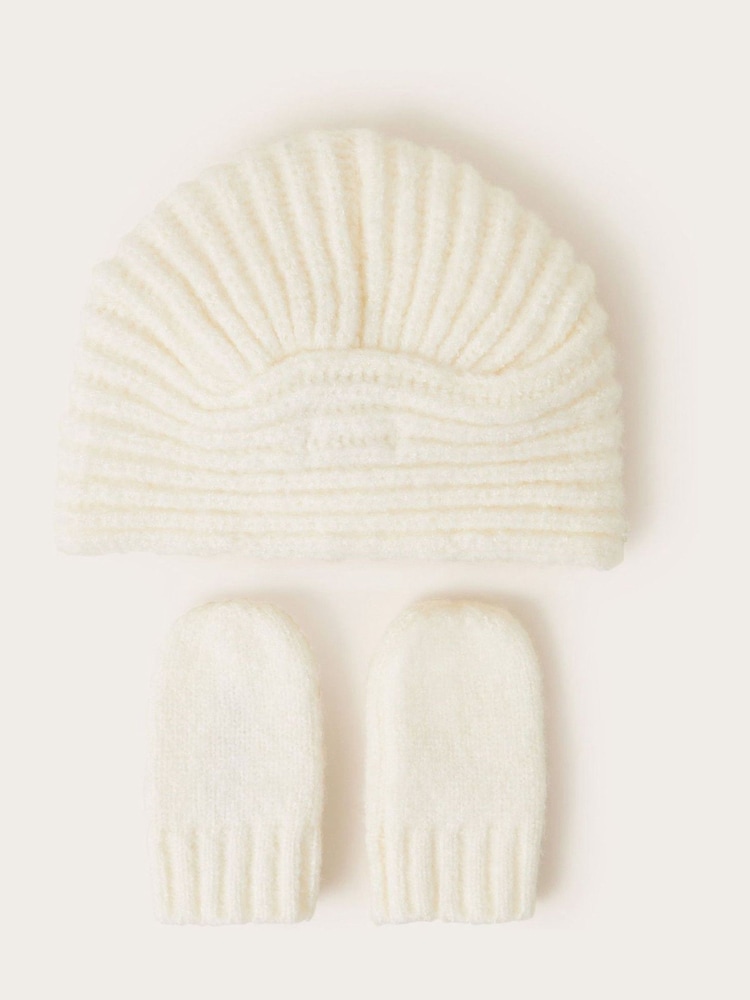 Monsoon Natural Baby Velvet Bow Knit Hat and Mittens Set - Image 2 of 3