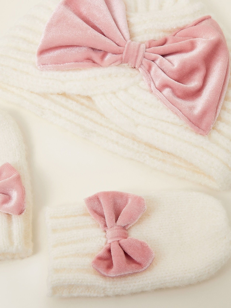 Monsoon Natural Baby Velvet Bow Knit Hat and Mittens Set - Image 3 of 3