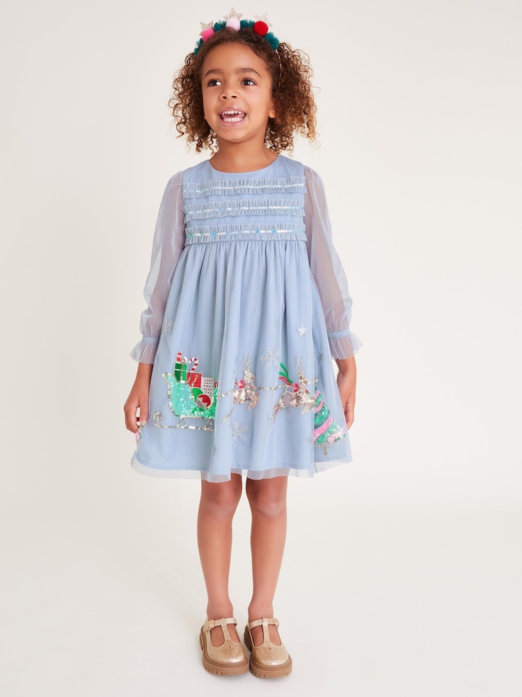 Monsoon Blue Sequin Christmas Scene Trapeze Dress - Image 1 of 4