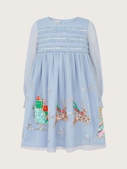 Monsoon Blue Sequin Christmas Scene Trapeze Dress - Image 2 of 4