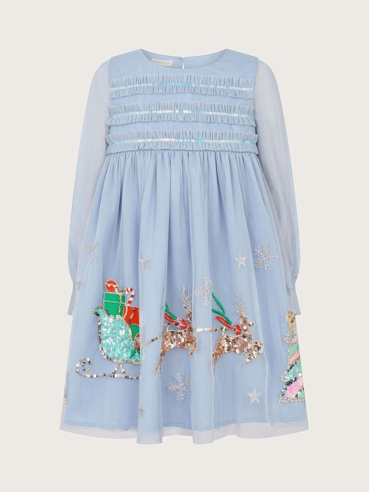 Monsoon Blue Sequin Christmas Scene Trapeze Dress - Image 2 of 4