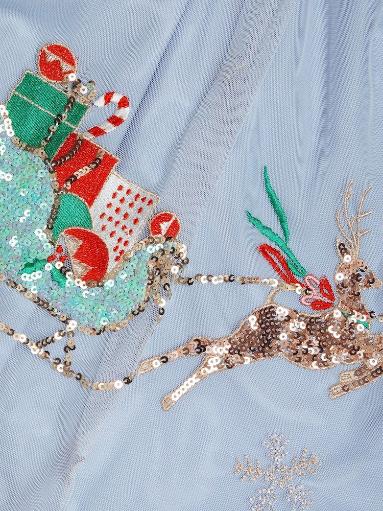 Monsoon Blue Sequin Christmas Scene Trapeze Dress - Image 4 of 4