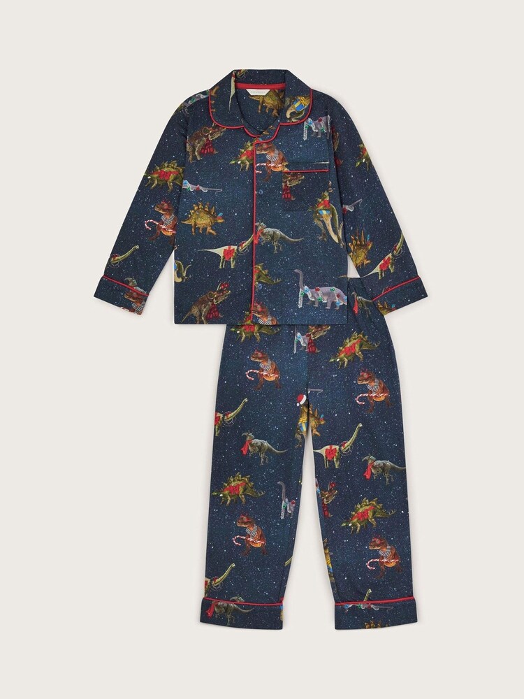 Monsoon Blue Christmas Dinosaur Print 100% Cotton Pyjama Set - Image 1 of 3