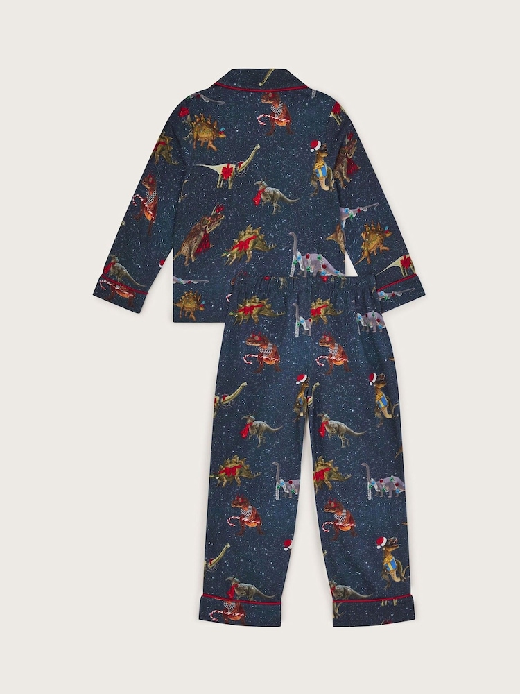 Monsoon Blue Christmas Dinosaur Print 100% Cotton Pyjama Set - Image 2 of 3