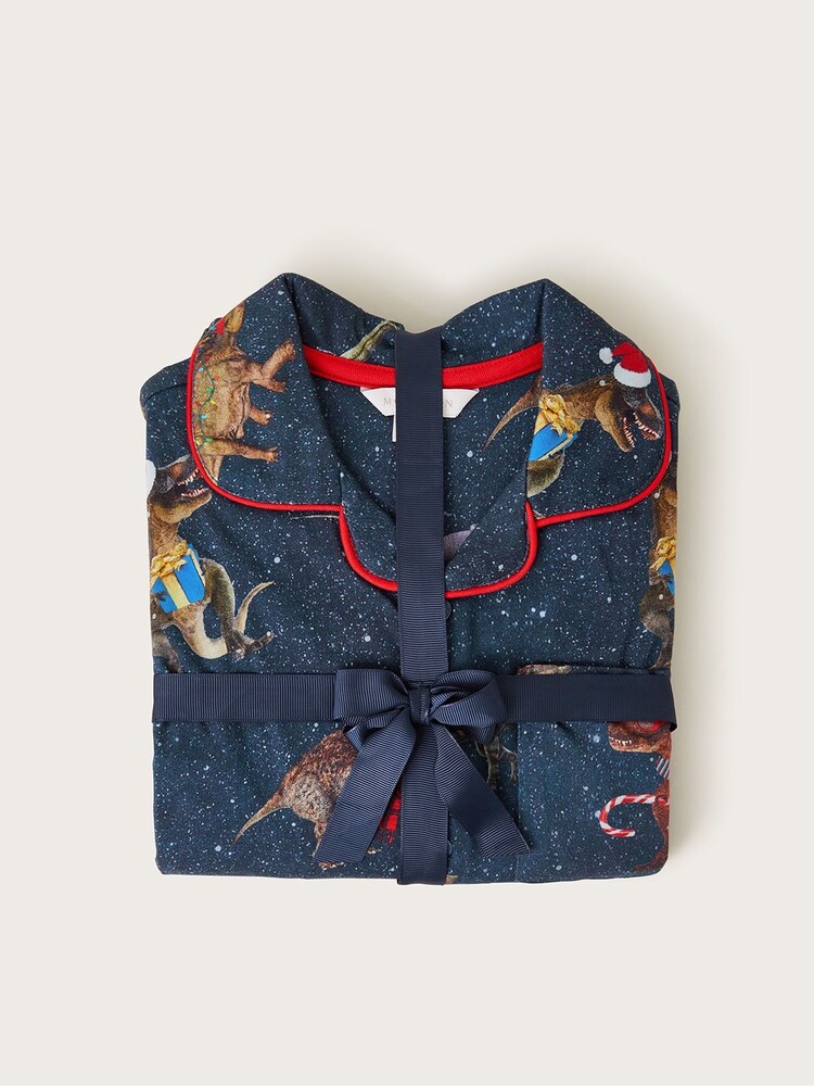 Monsoon Blue Christmas Dinosaur Print 100% Cotton Pyjama Set - Image 3 of 3
