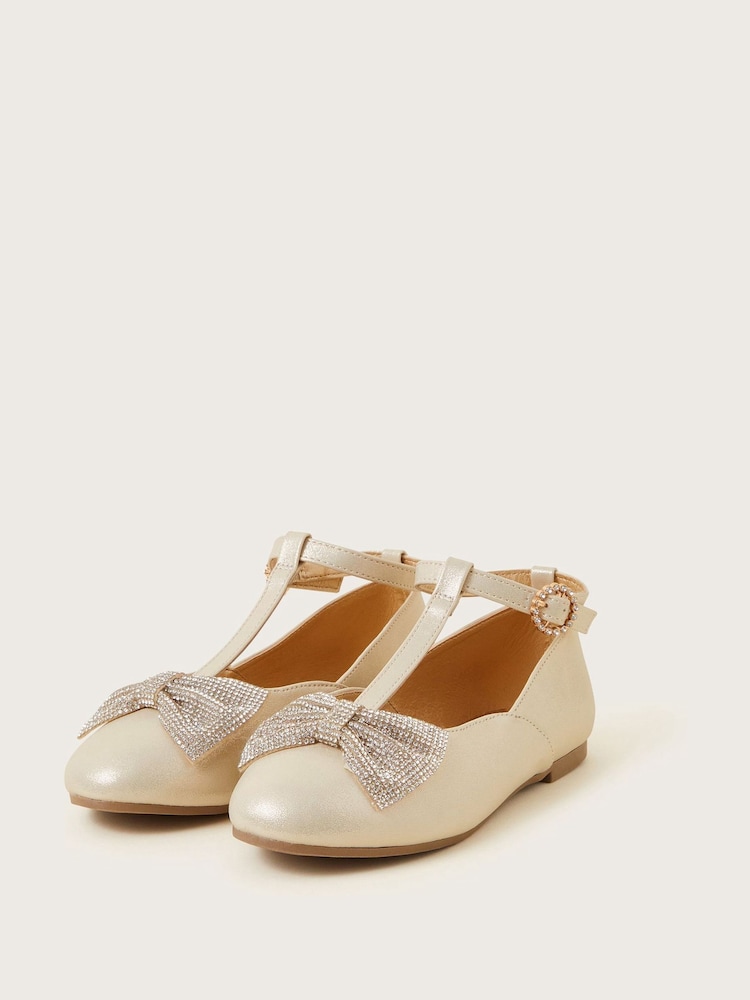 Monsoon Gold Diamante Bow T-Bar Ballet Flats - Image 1 of 3