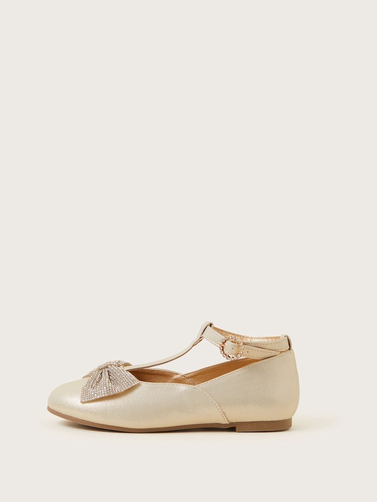 Monsoon Gold Diamante Bow T-Bar Ballet Flats - Image 2 of 3