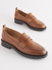 Tan Brown Forever Comfort® Leather Brogue Detail Chunky Loafer Shoes - Image 3 of 8
