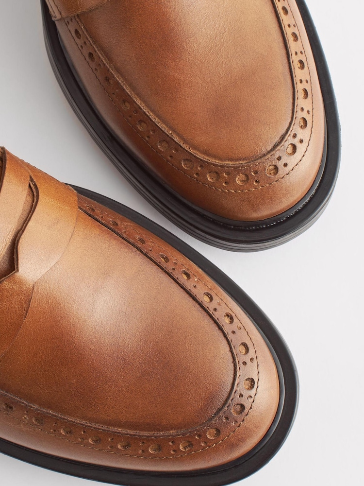 Tan Brown Forever Comfort® Leather Brogue Detail Chunky Loafer Shoes - Image 8 of 8