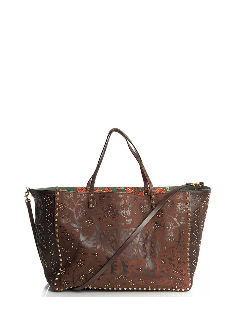 Valentino Brown Large Rockstud Tote Fabric Handbag - Image 1 of 6