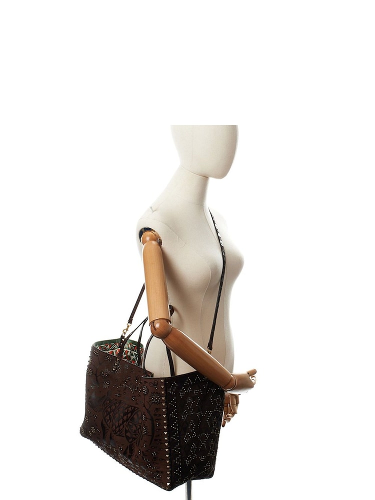Valentino Brown Large Rockstud Tote Fabric Handbag - Image 6 of 6