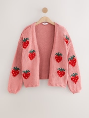 Pink Strawberry Relaxed Chunky Knit Cardigan with Cotton - Image 1 of 3