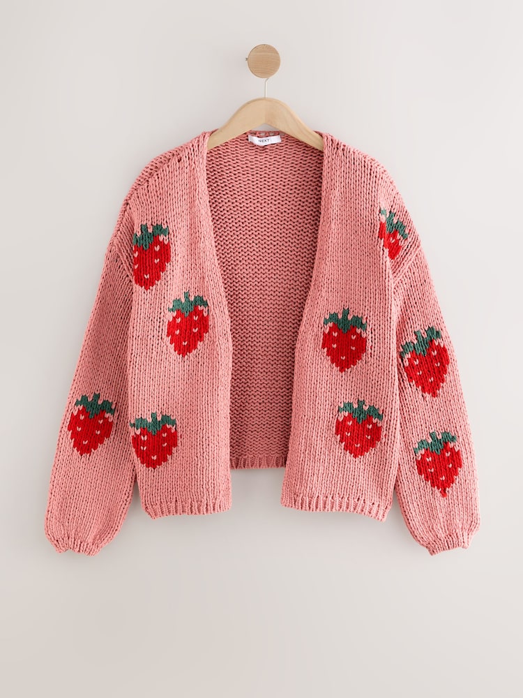 Pink Strawberry Relaxed Chunky Knit Cardigan with Cotton - Image 1 of 3