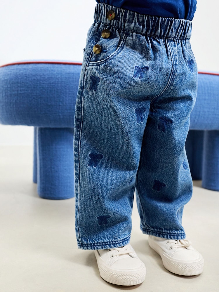 Mid Blue Denim Bow Embroidered Jeans (3mths-6yrs) - Image 1 of 8 Mid Blue Denim Bow Embroidered Jeans (3mths-6yrs) - Image 1 of 8