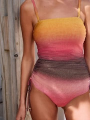 Pink/Orange Ombre Metallic Bandeau Ruched Leg Tummy Control Shaping Swimsuit - Image 5 of 10