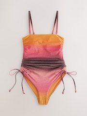 Pink/Orange Ombre Metallic Bandeau Ruched Leg Tummy Control Shaping Swimsuit - Image 7 of 10