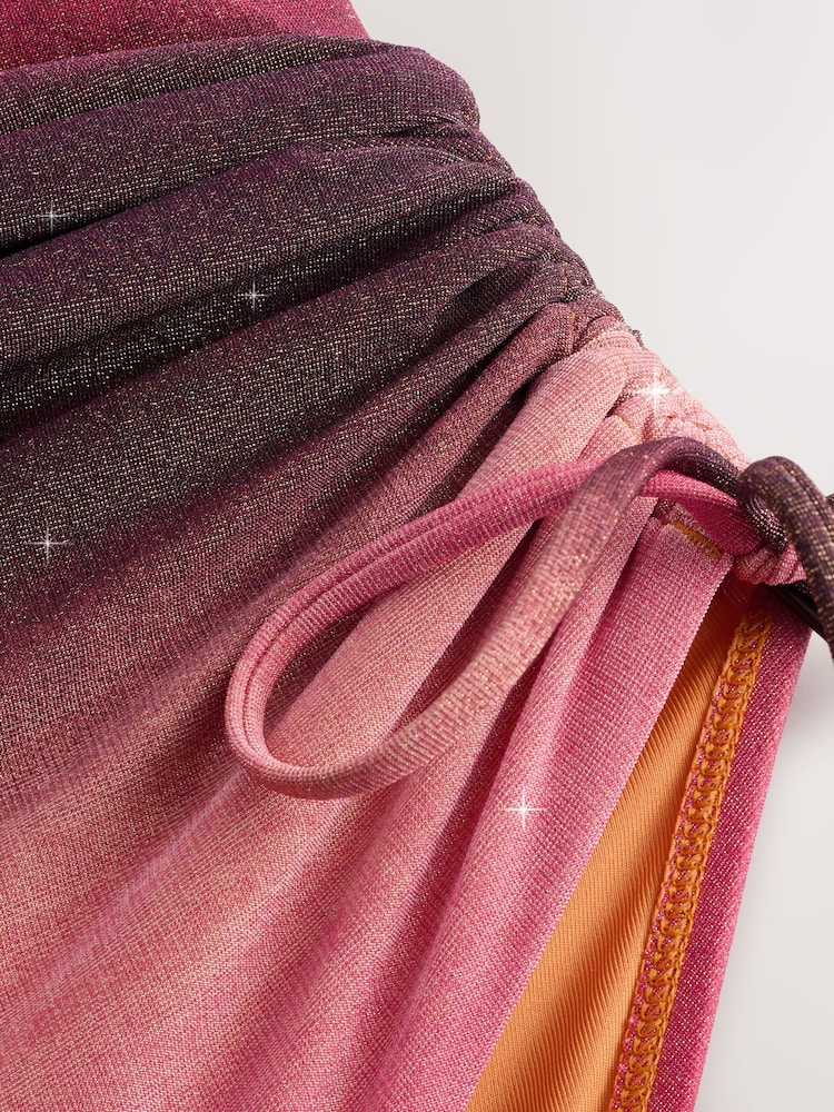 Pink/Orange Ombre Metallic Bandeau Ruched Leg Tummy Control Shaping Swimsuit - Image 9 of 10