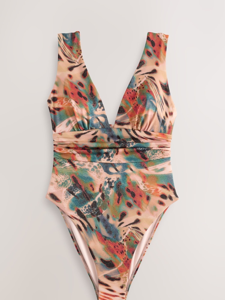 Teal/Pink Metallic Animal Plunge Tummy Control Swimsuit - Image 5 of 8