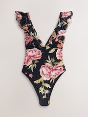 Black Floral Plunge Frill Laser Cut Tummy Control Swimsuit - Image 5 of 8