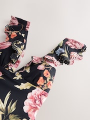Black Floral Plunge Frill Laser Cut Tummy Control Swimsuit - Image 7 of 8