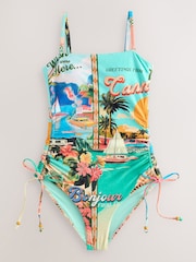 Blue/Yellow Scenic Print Bandeau Ruched Leg Tummy Control Shaping Swimsuit - Image 1 of 4