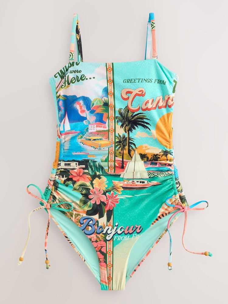 Blue/Yellow Scenic Print Bandeau Ruched Leg Tummy Control Shaping Swimsuit - Image 1 of 4