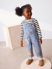 Mid Blue Denim Animal Print Dungarees and Stripe T-Shirt Set (3mths-7yrs) - Image 1 of 9