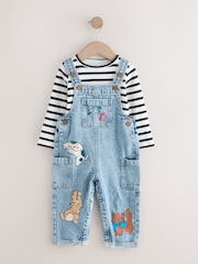 Mid Blue Denim Animal Print Dungarees and Stripe T-Shirt Set (3mths-7yrs) - Image 5 of 9