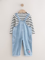 Mid Blue Denim Animal Print Dungarees and Stripe T-Shirt Set (3mths-7yrs) - Image 6 of 9