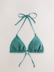 Teal Blue Metallic Shirred Triangle Bikini Top - Image 1 of 3