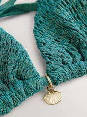 Teal Blue Metallic Shirred Triangle Bikini Top - Image 2 of 3