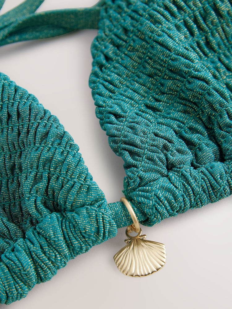 Teal Blue Metallic Shirred Triangle Bikini Top - Image 2 of 3