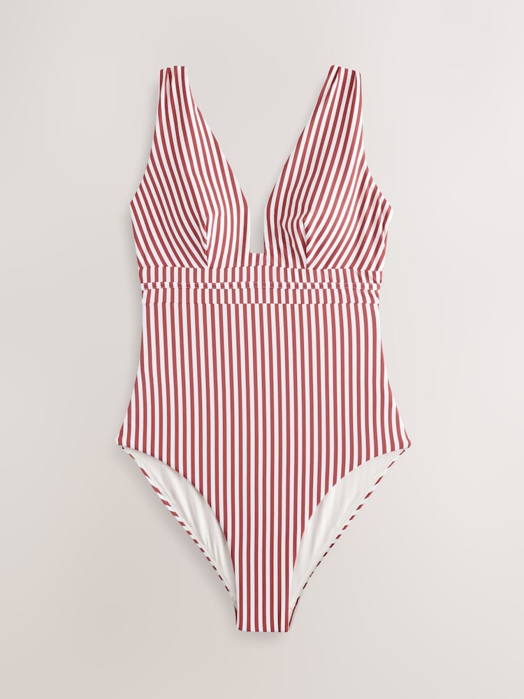 Rose/White Stripe Plunge Shaping Tummy Control Swimsuit - Image 1 of 4