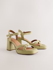 Lime Green Forever Comfort® Leather Square Toe Strappy Buckle Detail Platform Block Heels - Image 1 of 5