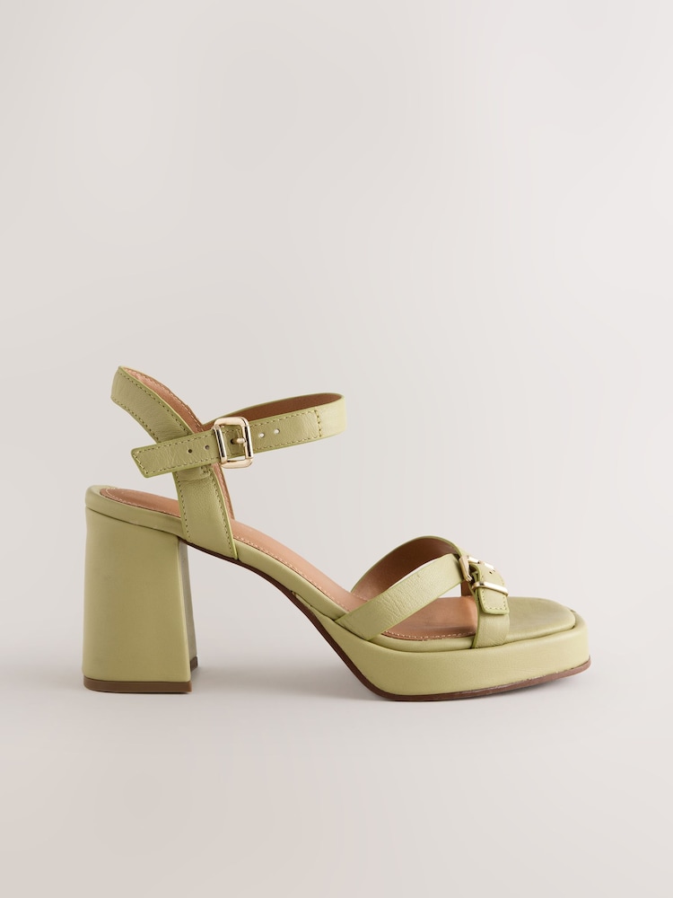 Lime Green Forever Comfort® Leather Square Toe Strappy Buckle Detail Platform Block Heels - Image 2 of 5
