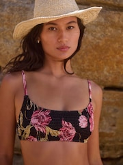 Schwarz/Blumenmuster - Shirred Crop Bikini Top - Bild 1 von 7