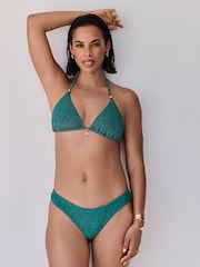 Teal Metallic Shirred Brazilian High Leg White Bikini Bottoms - Image 2 of 5