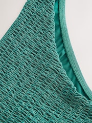 Teal Metallic Shirred Brazilian High Leg White Bikini Bottoms - Image 4 of 5