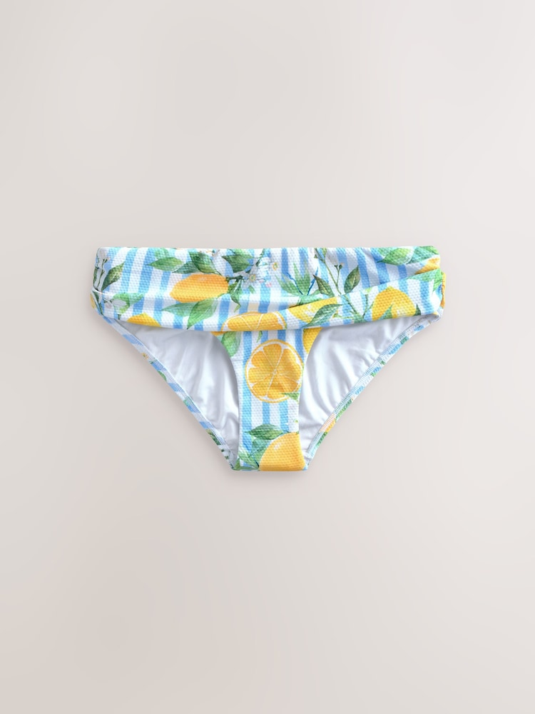 Buy White/Blue Pique Stripe Lemon Print Roll Top Bikini Bottoms