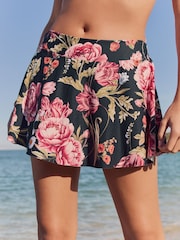 Black Floral Swim Skirt Bikini Bottoms - Image 1 of 8