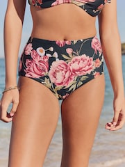 Black Floral High Waist Tummy Control Bikini Bottoms - Image 1 of 9