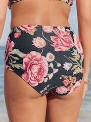Black Floral High Waist Tummy Control Bikini Bottoms - Image 2 of 9