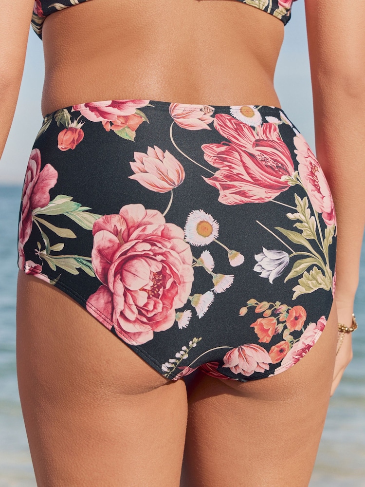 Black Floral High Waist Tummy Control Bikini Bottoms - Image 2 of 9