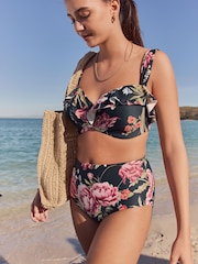Black Floral High Waist Tummy Control Bikini Bottoms - Image 3 of 9