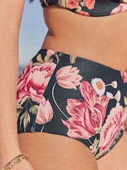 Black Floral High Waist Tummy Control Bikini Bottoms - Image 4 of 9