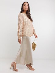 JD Williams Champagne Sequin Slash Neck Volume Sleeve Top - Image 1 of 4