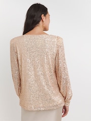JD Williams Champagne Sequin Slash Neck Volume Sleeve Top - Image 2 of 4