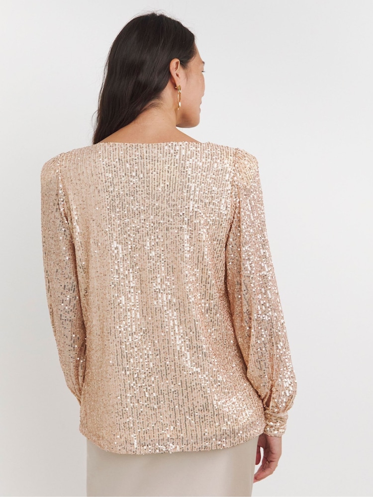 JD Williams Champagne Sequin Slash Neck Volume Sleeve Top - Image 2 of 4