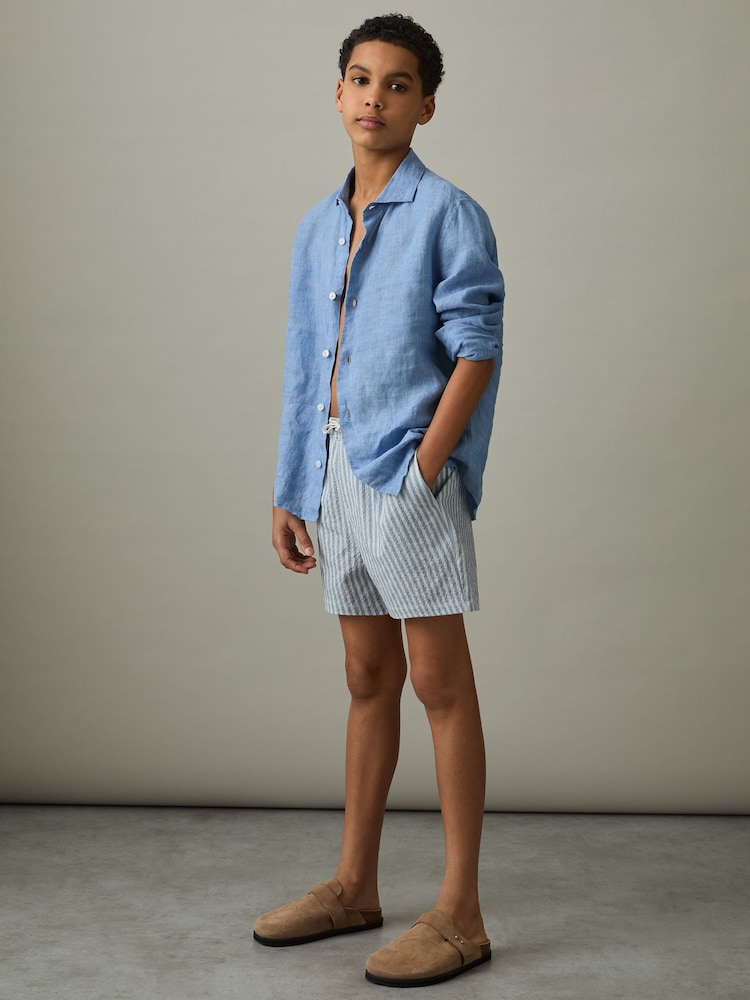 Reiss Soft Blue/White Bay 9-13 yrs Seersucker Striped Swim Shorts - Image 1 of 4
